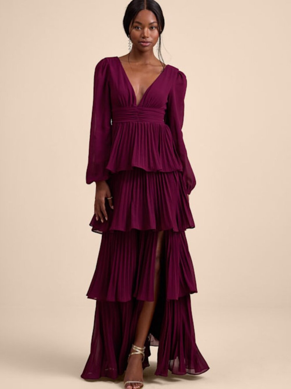 Lulu's Deep Plum Tiered Pleated Maxi Dress